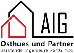 Rot-schwarzer Schriftzug AIG Osthues und Partner Beratende Ingenieure PartG mbB.