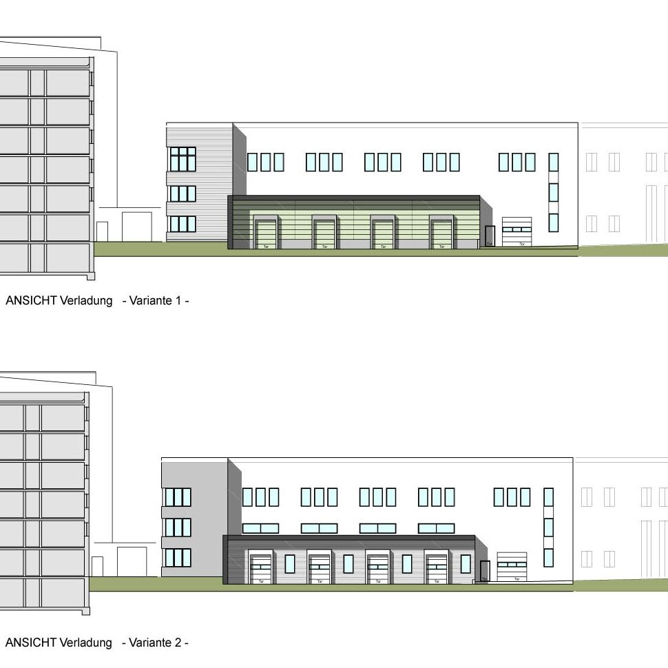 Zwei Zeichnungen einer Lagerhalle in 2D.