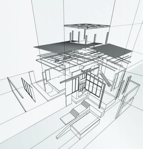 Schwarz-weiße Zeichnung eines Hauses mit mehrere Etagen.