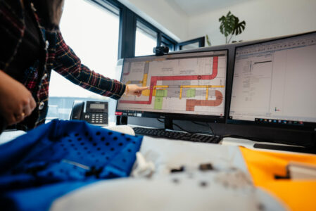 Frau zeigt mit Finger auf die Abbildung auf einem von zwei Monitoren.